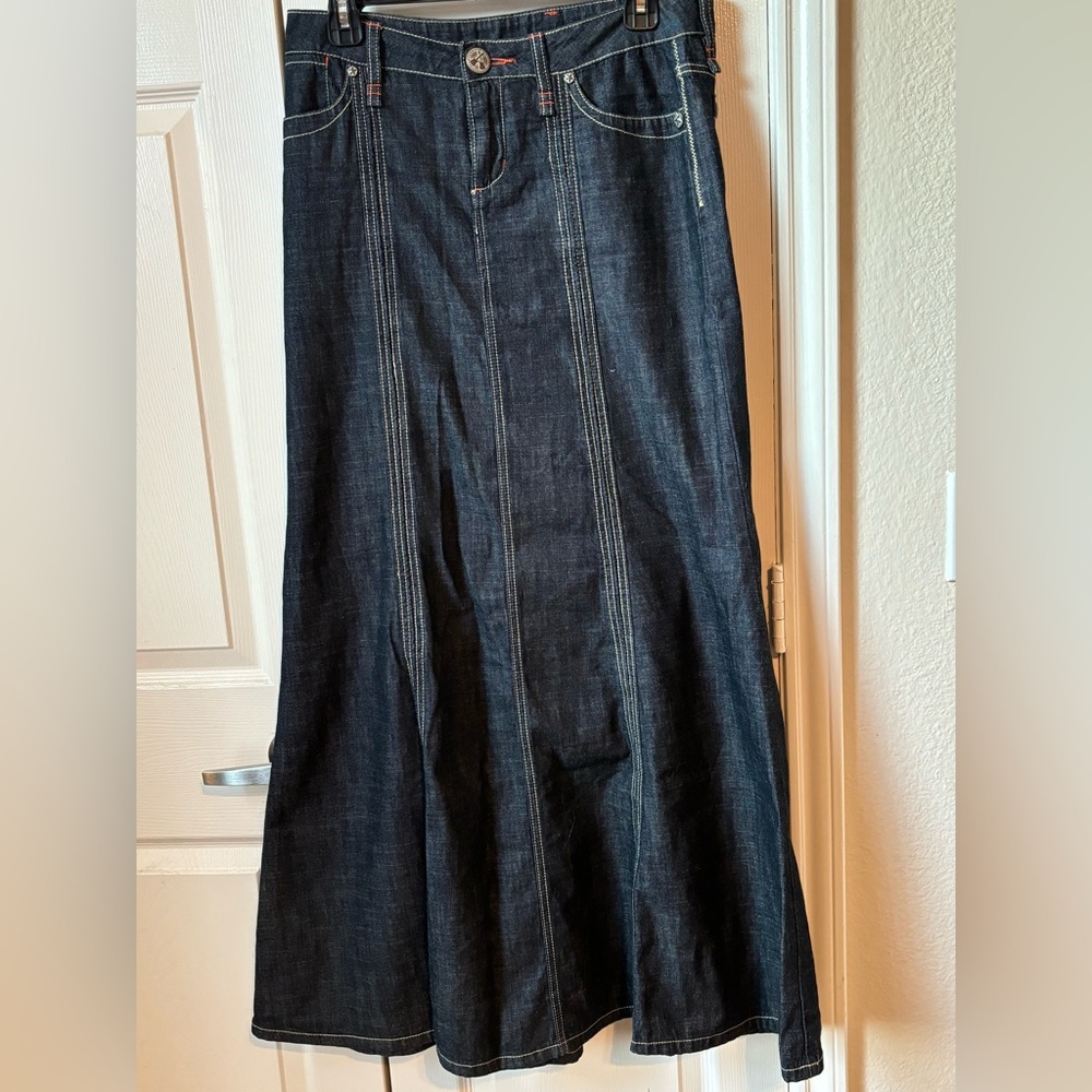 One of a kind BCBG Girls long denim skirt with a mermaid silhouette.